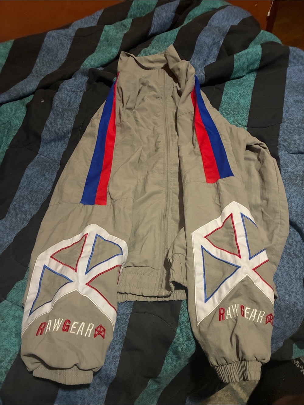 RAWGEAR Men's Taupe Windbreaker with Red & Blue Stripe Accents